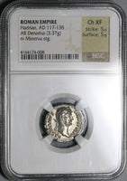 134/8 NGC Ch XF Hadrian Roman Empire Denarius Minerva Shield 5/5 5/5 (20052806CZ)