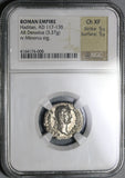 134/8 NGC Ch XF Hadrian Roman Empire Denarius Minerva Shield 5/5 5/5 (20052806CZ)