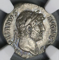 125 NGC Ch XF Hadrian Roman Empire Denarius Hercules Club Shield 5/5 5/5 (21091501C)