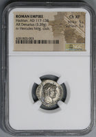 125 NGC Ch XF Hadrian Roman Empire Denarius Hercules Club Shield 5/5 5/5 (21091501C)
