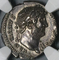 125 NGC AU Hadrian Roman Empire Denarius Roma Medusa Unpublished (21091502C)