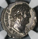 125 NGC AU Hadrian Roman Empire Denarius Roma Medusa Unpublished (21091502C)
