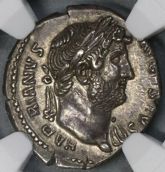 125 NGC AU Hadrian Roman Empire Denarius Roma Medusa Unpublished (21091502C)