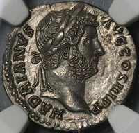 136 NGC MS Hadrian Denarius Roman Empire Romulus Trophy Mint State (22021401C)