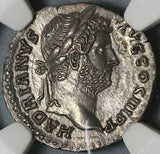 136 NGC MS Hadrian Denarius Roman Empire Romulus Trophy Mint State (22021401C)