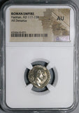 136 NGC AU Hadrian Denarius Roman Empire Romulus King Trophy Spear Coin (23012001C)