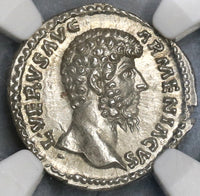 163 Lucius Verus NGC MS Roman Empire Denarius Mars Mint State Ancient Coin (19060903C)