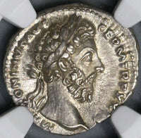 174 NGC Ch AU Marcus Aurelius Roman Empire Denarius Genius Pedigree (18100901C)