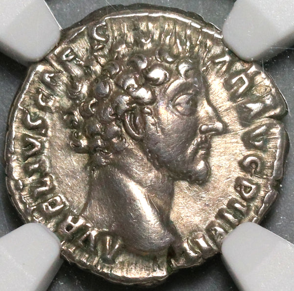 153 NGC Ch VF Marcus Aurelius Caesar Roman Empire Denarius Genius of the Legions (20071206C)