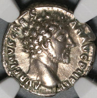 153 NGC Ch VF Marcus Aurelius Caesar Roman Empire Denarius Genius of the Legions (20071206C)