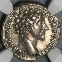 153 NGC Ch VF Marcus Aurelius Caesar Roman Empire Denarius Genius of the Legions (20071206C)