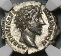 145 NGC MS Marcus Aurelius Roman Empire Denarius Caesar Honos Mint State (22030204C)