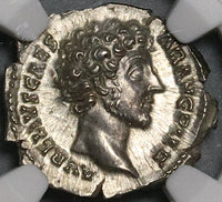 145 NGC MS Marcus Aurelius Roman Empire Denarius Caesar Honos Mint State (22030204C)