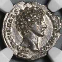 139 NGC Ch AU Roman Empire Marcus Aurelius Denarius Pietas 5/5 Pedigree (21041401D)