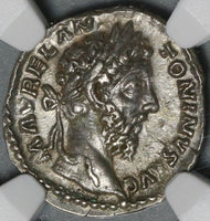 179 NGC AU Marcus Aurelius Roman Empire Denarius Mars Spear Shield (21010401C)