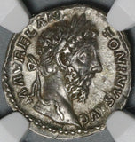 179 NGC AU Marcus Aurelius Roman Empire Denarius Mars Spear Shield (21010401C)