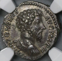 163 NGC AU Marcus Aurelius Roman Empire Denarius Emperor Curiassed Minerva (18100902C)