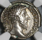 168 NGC Ch VF Marcus Aurelius Denarius Roman Empire Salus Snake Altar (21041601C)