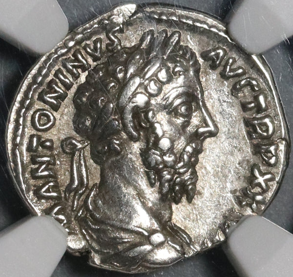 173 NGC Ch XF Marcus Aurelius Denarius Roman Empire German Trophy (21022801C)