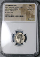 156 NGC MS Marcus Aurelius Roman Empire Denarius Caesar Virtus (17041001D)