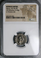 97 NGC AU Nerva Roman Empire Denarius Fortuna 5/5 5/5 Trajan's Father Coin (21111401C)