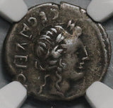 97 BC NGC VF Roman Republic Egnatuleius Quinarius Apollo Victory Inscribing Shield (20082603D)