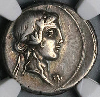90 BC NGC Ch F Titius AR Denarius Roman Republic Pegasus Bacchus Liber Silver (23032602C)