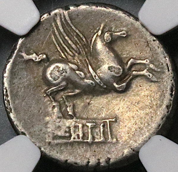 90 BC NGC Ch F Titius AR Denarius Roman Republic Pegasus Bacchus