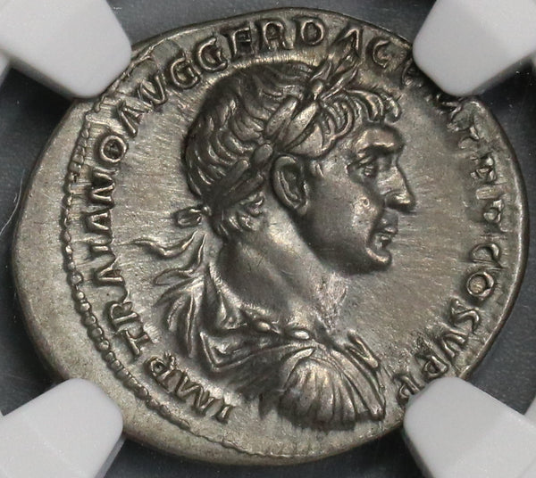 103 NGC AU Trajan Roman Empire Denarius Aequitas Fine Style Pedigree Ancient Coin (18100403C)