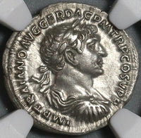 103 Trajan Roman Empire Denarius Annona Superb Portrait NGC AU (21020604C)