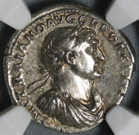 106 NGC XF Trajan Roman Empire Denarius Arabia Camel Unpublished Portrait  (21032101C)