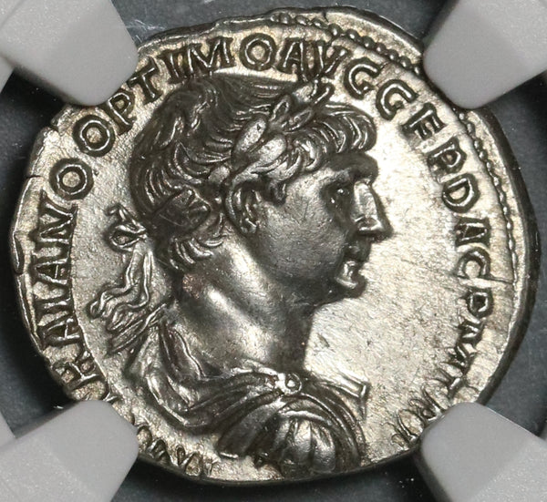 114 Trajan Roman Empire Denarius Genius Superb Portrait NGC Ch AU (21062004C)