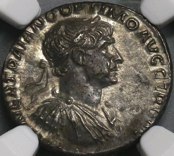 114 TRAJAN Roman Empire Denarius Superb Portrait Mars NGC Ch AU (18091305C)