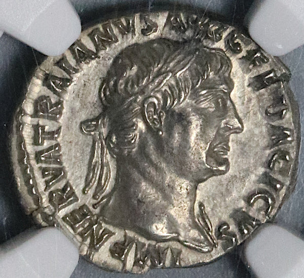 106 NGC Ch AU Trajan Roman Empire Denarius Parthian Victory Captive Trophy Pedigree (21121401C)