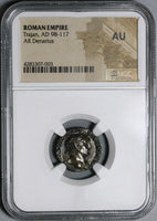 103 NGC AU Trajan Roman Empire Denarius Victory Unpublished Portrait with Aegis (20072201C)