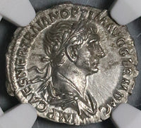 116 NGC Ch AU Trajan Roman Empire Denarius Virtus Parthia Victory (22052203C)