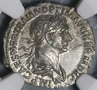 116 NGC Ch AU Trajan Roman Empire Denarius Virtus Parthia Victory (22052203C)