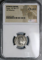 116 NGC Ch AU Trajan Roman Empire Denarius Virtus Parthia Victory (22052203C)