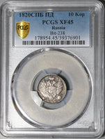 1820 PCGS XF 45 Russia Silver 10 Kopeks Alexander I Czar Coin POP 1/0 (20062802C)