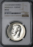1912 NGC MS 63 Russia Rouble Nicholas II Czar Silver St Petersburg Mint State Coin (20111402C)