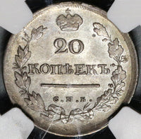 1818 NGC MS 62 Russia Silver 20 Kopeks Czar Alexander I Imperial Coin (20092201C