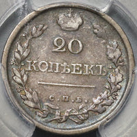 1820/19 PCGS VF 20 Russia Silver 20 Kopeks Czar Alexander I Bold Over-date Coin POP 1/0 (22082001C)
