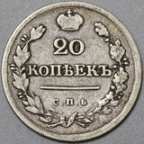 1823 Russia Silver 20 Kopeks VF+ Czar Alexander I St. Petersburg Coin (20042206R)