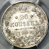 1909 CNB PCGS MS 65 Russia 20 Kopeks Silver Nicholas Czar Coin (22030502C)