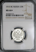 1915 NGC MS 66+ Russia 20 Kopeks Nicholas II Petrograd Silver Coin (20043003D)