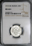 1915 NGC MS 66+ Russia 20 Kopeks Nicholas II Petrograd Silver Coin (20043003D)