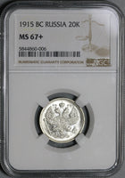 1915 NGC MS 67+ Russia 20 Kopeks Nicholas II Petrograd Silver Coin (21062001C)