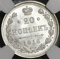 1916 NGC MS 67 Russia 20 Kopeks Czar Nicholas II Petrograd Silver Coin (20051901C)