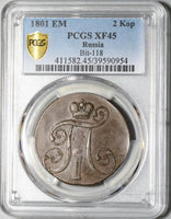 1801-EM PCGS XF 45 Russia 2 Kopeks Paul I Czar Imperial Copper Coin (21070403C)