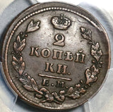 1829-ЕМ ИК PCGS XF 40  Russia 2 Kopeks Mint Error Alexander I Czar Coin POP 1/0 (20070201C)